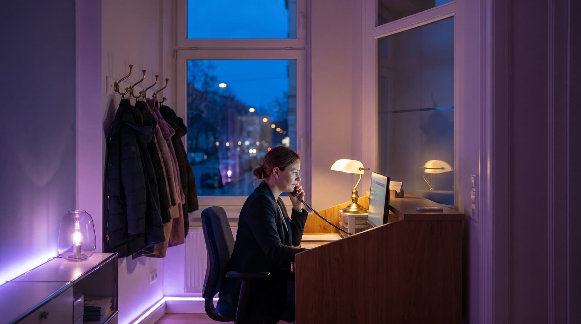 Recepcionarka ordinacije razgovara telefonom za pultom prije otvaranja, toplo svjetlo svjetiljke, kroz prozor plava zora